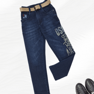 Blue Denim Jeans with Wash and Print Pattern