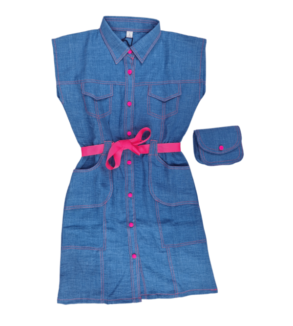 Stylish Cotton Denim Dress with Purse Perfect As Birthday Dress for Girls V - Image 3